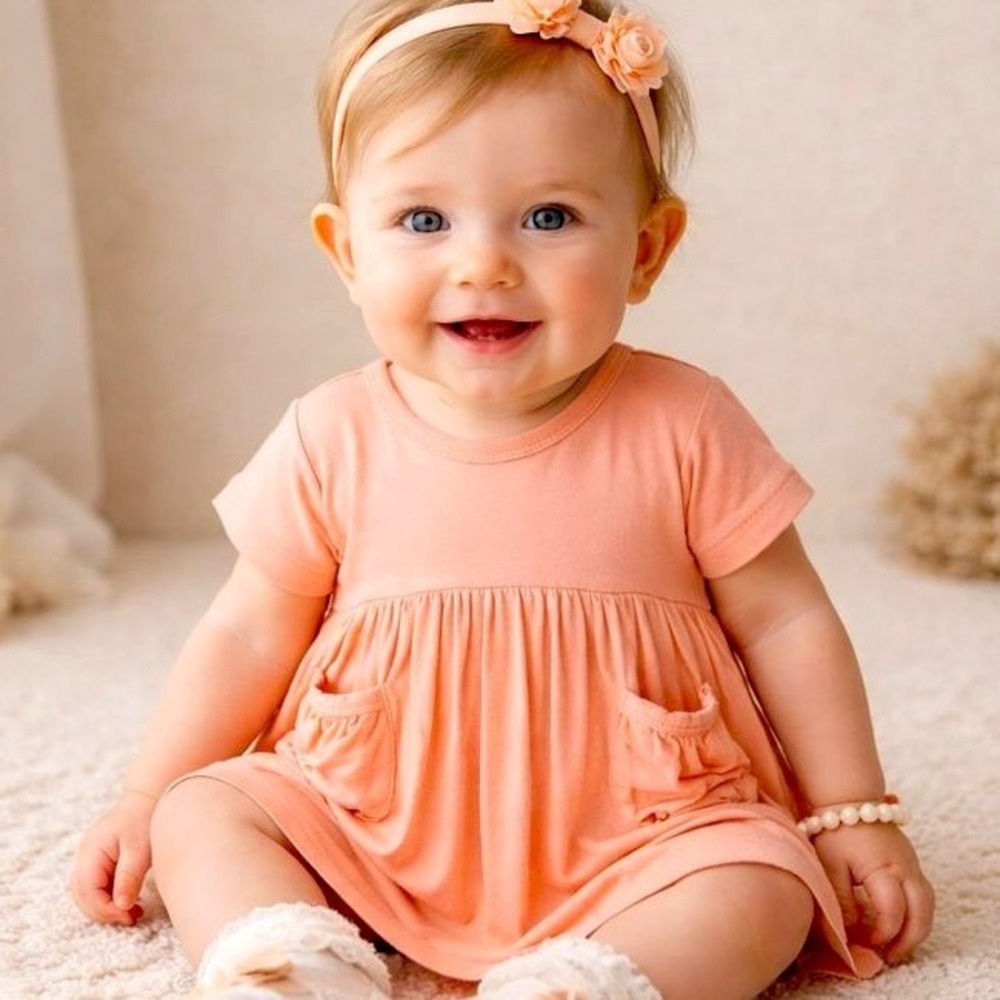 Kate Quinn Peach Bamboo Gathered Waist T-shirt Pocket Dress Baby Girls 6-12M